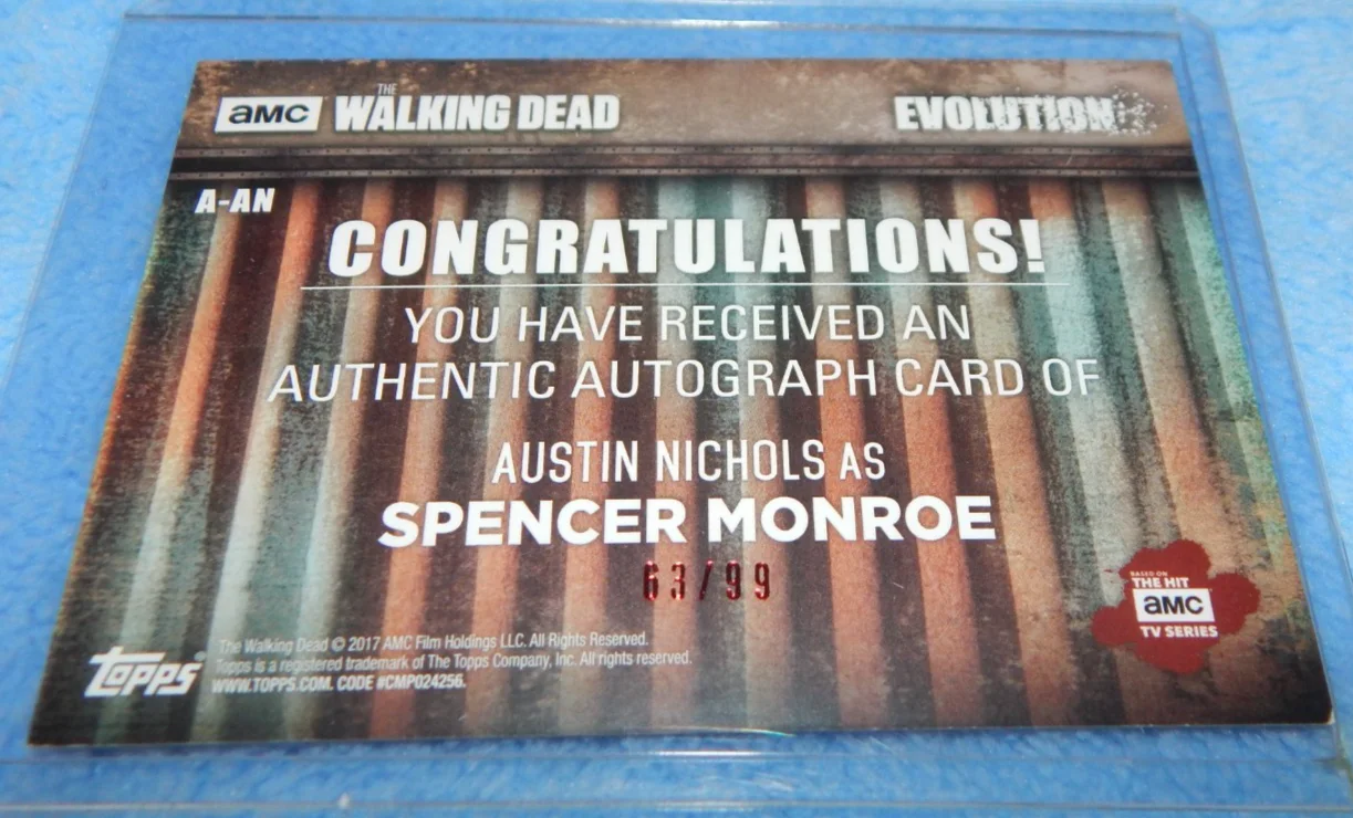 Austin Nichols — 2017 Topps Walking Dead Evolution Austin Nichols Autograph Spencer Monroe A-AN, image 2