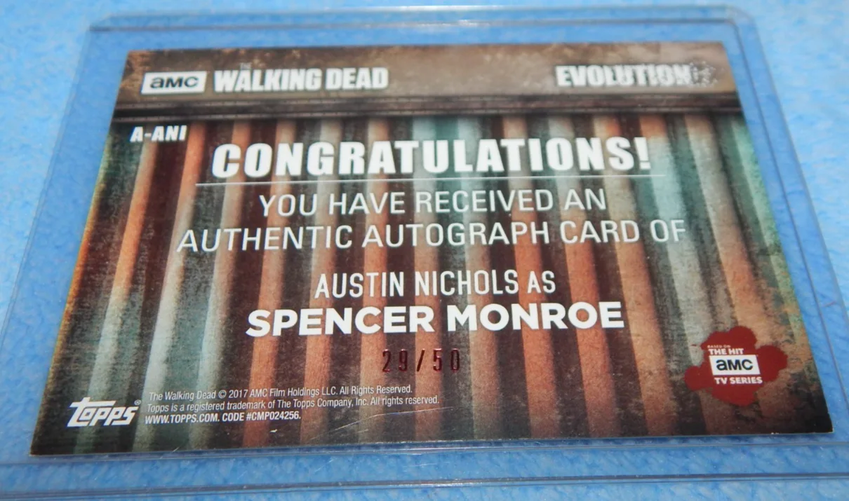 Austin Nichols — 2017 Topps Walking Dead Evolution Austin Nichols Autograph Spencer Monroe A-ANI, image 2