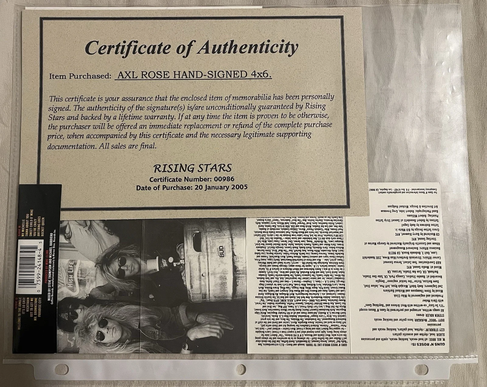 Guns N' Roses Axl Rose & band members Signed Appetite for Destruction , COA, image 2