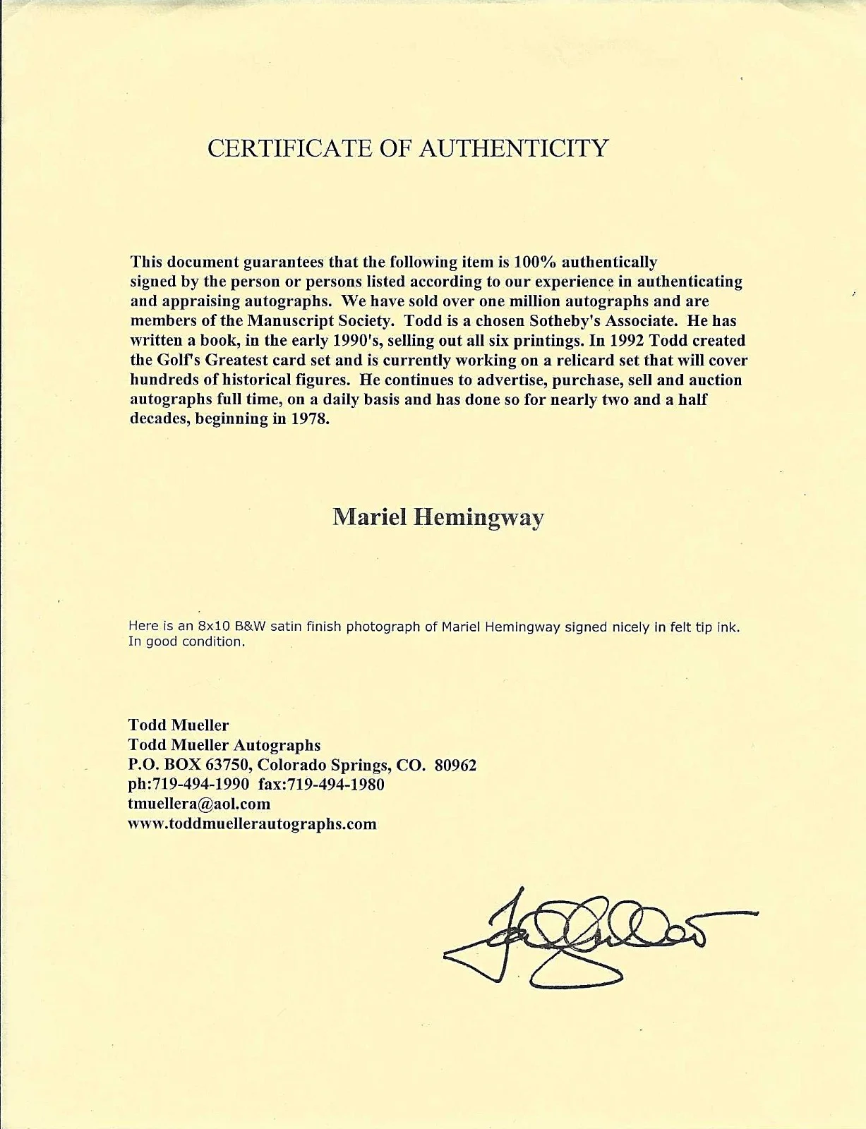 MARIEL HEMINGWAY — MARIEL HEMINGWAY HAND SIGNED 1984 PHOTO 8x10 MELI IN "CREATOR" COA, изображение 3