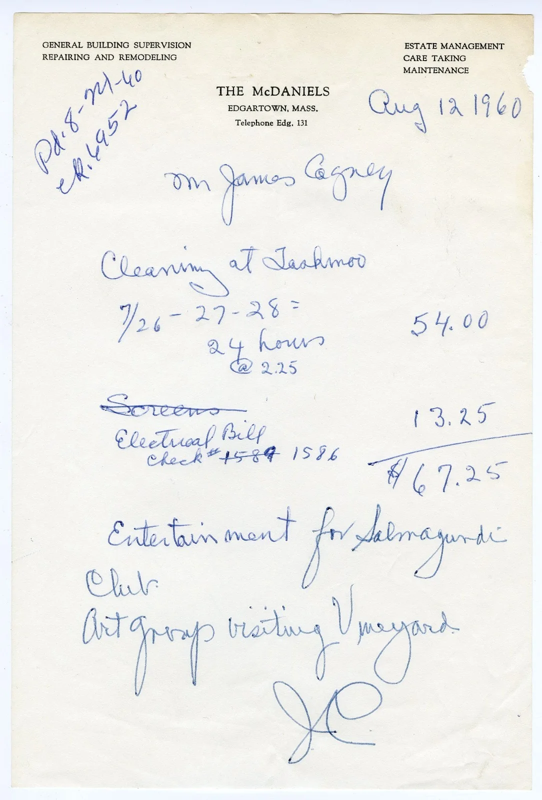 James Cagney — James Cagney Group 4 Handwritten Notes Signed 1960-64 Autographed, image 3