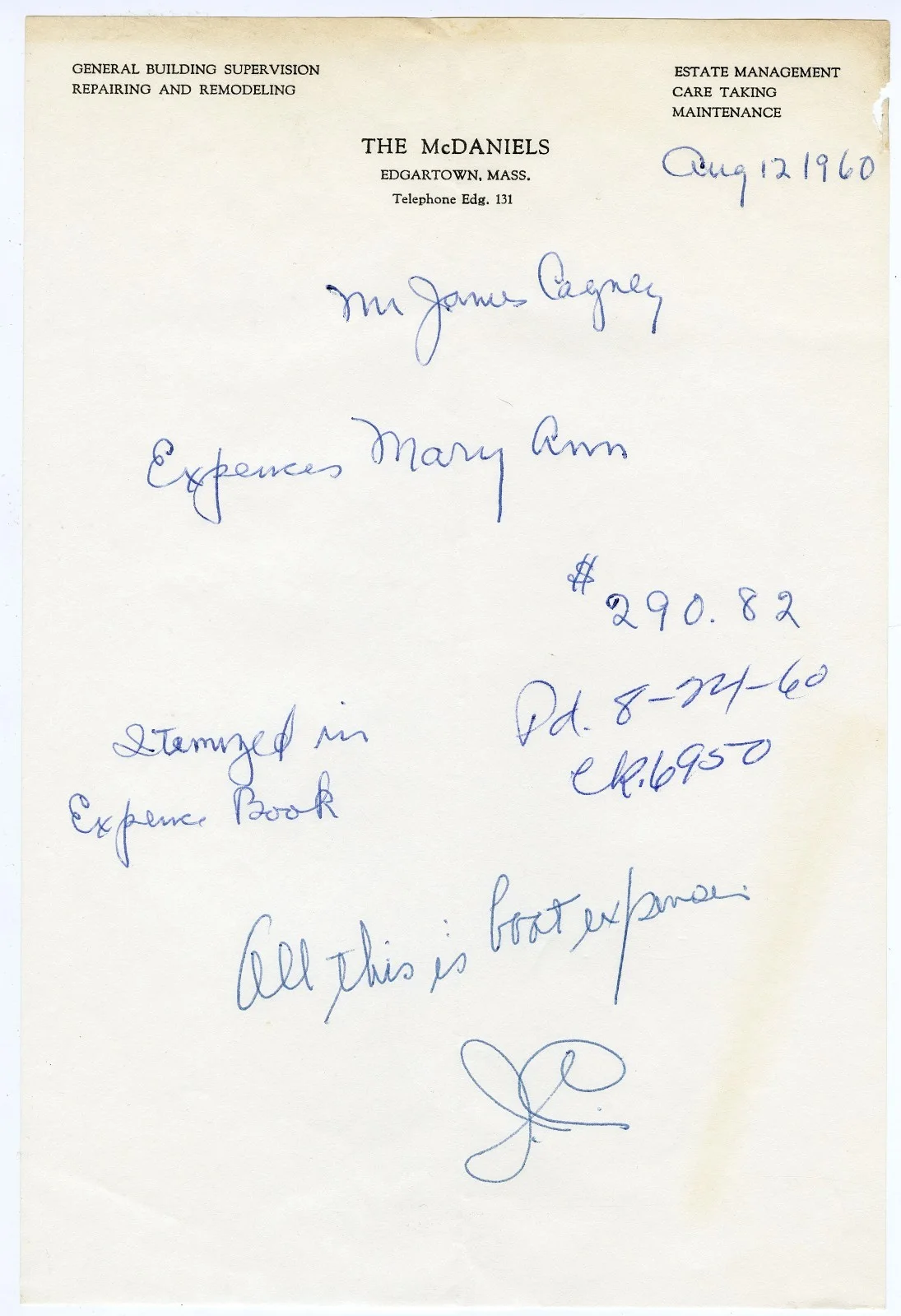 James Cagney — James Cagney Group 4 Handwritten Notes Signed 1960-64 Autographed, image 4