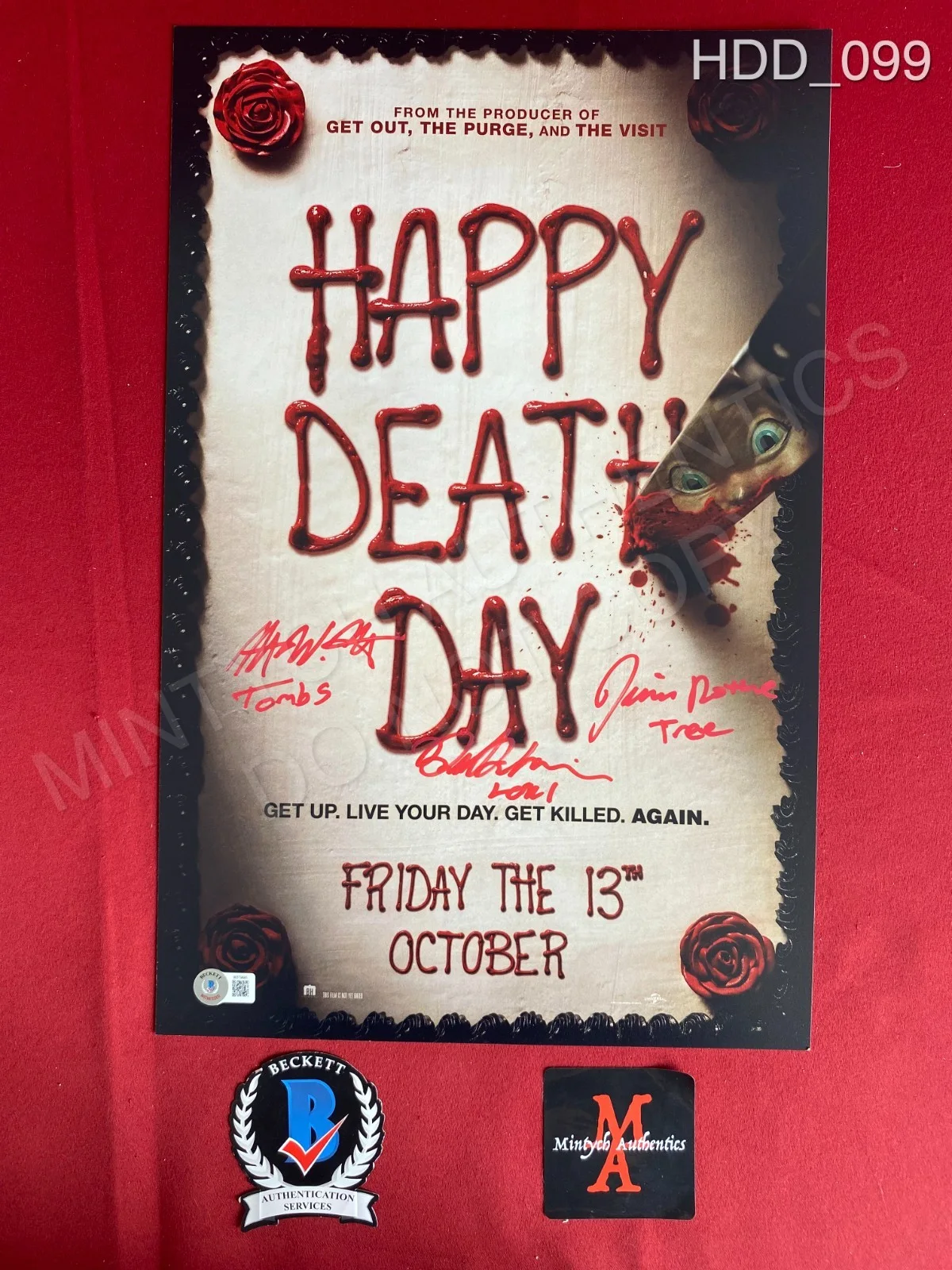 Jessica Rothe & Rob Mello, Ruby Modine — Happy Death Day cast signed 11x17 photo Jessica Rothe Ruby Modine Rob Mello