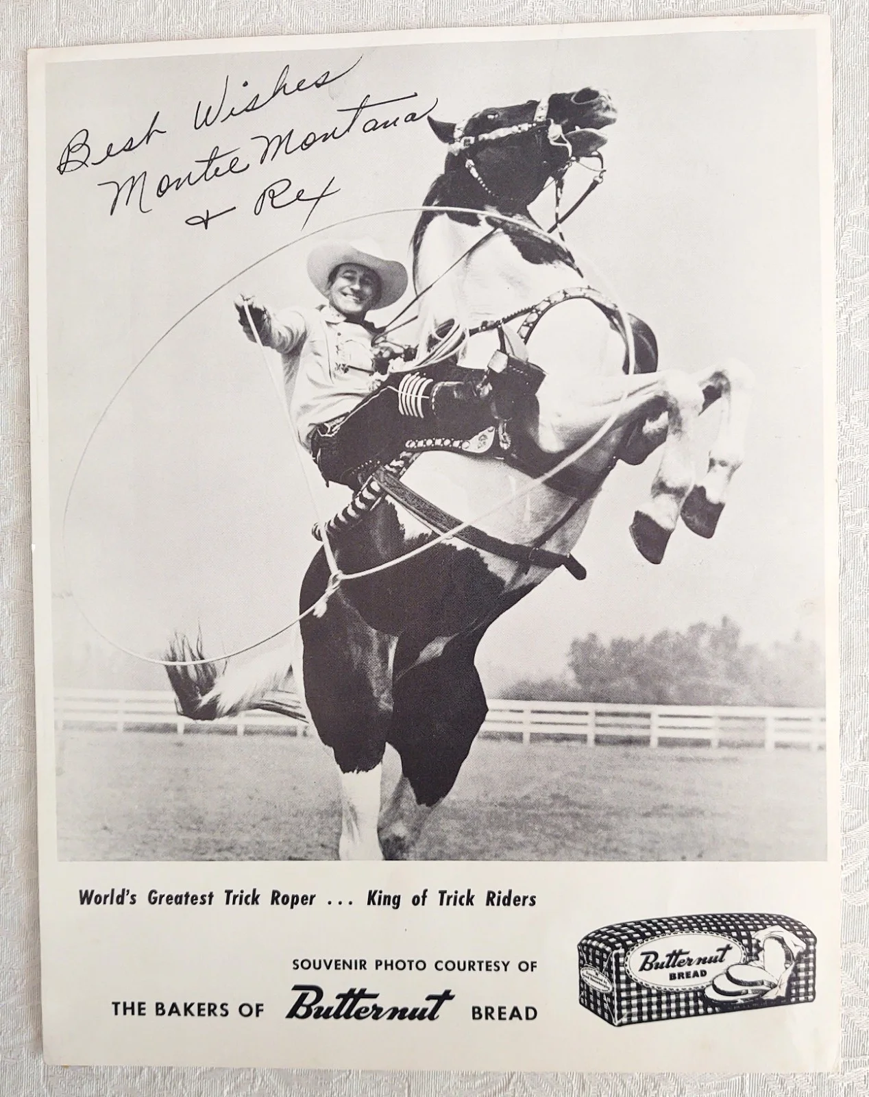 Montie Montana — Rare Signed Montie Montana Trick Horse (REX) Rider B&W Photo Butternut Bread