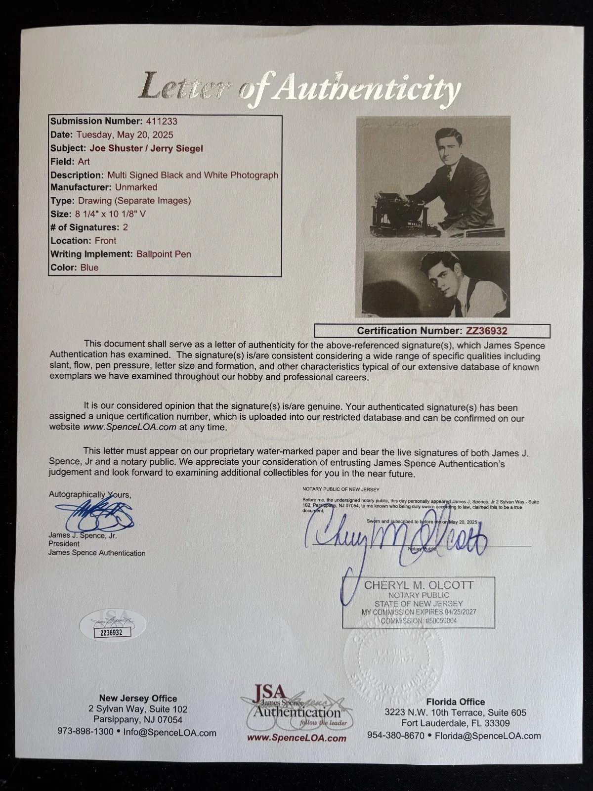 Jerry Siegel, Joe Shuster — Siegel & Shuster Signed 8x10 Photo JSA LOA Superman Creators Autograph, image 2