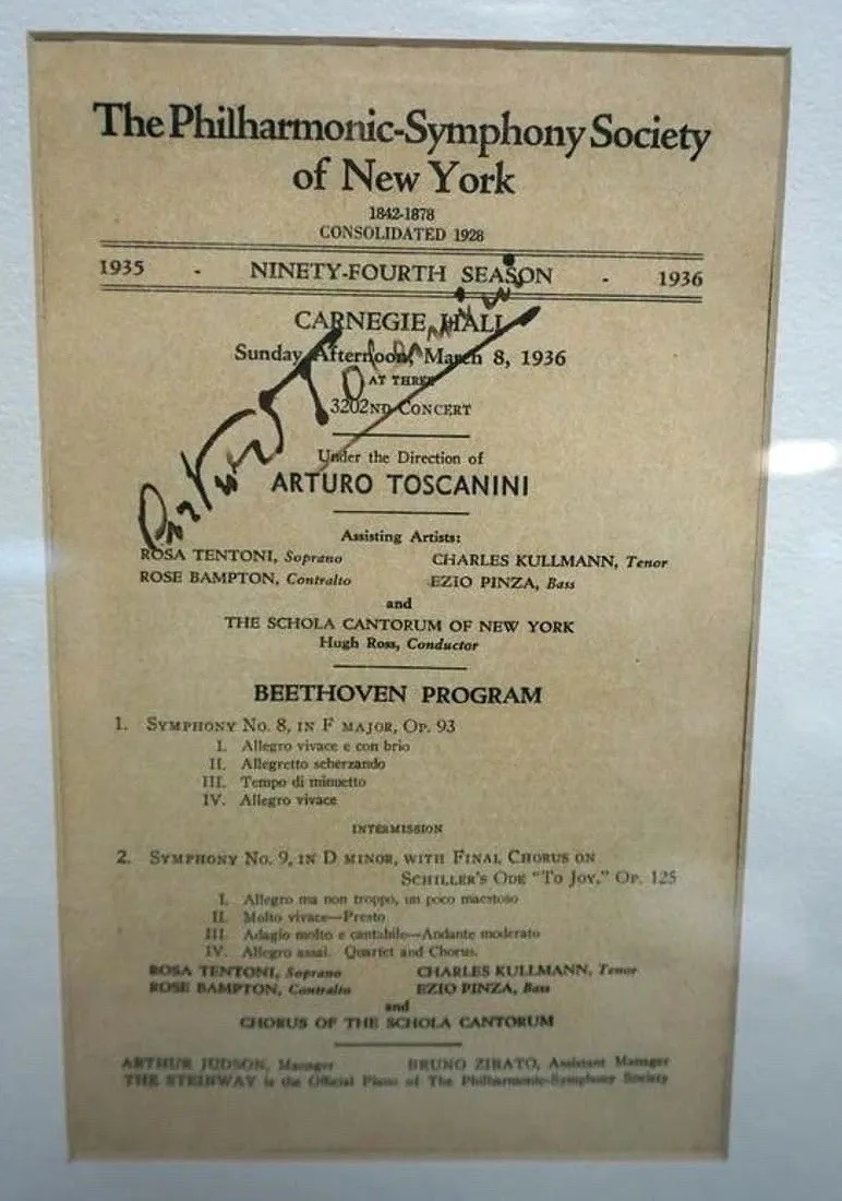 Conductor Arturo Toscanini Autographed 1936 Carnegie Hall Program, framed, image 2