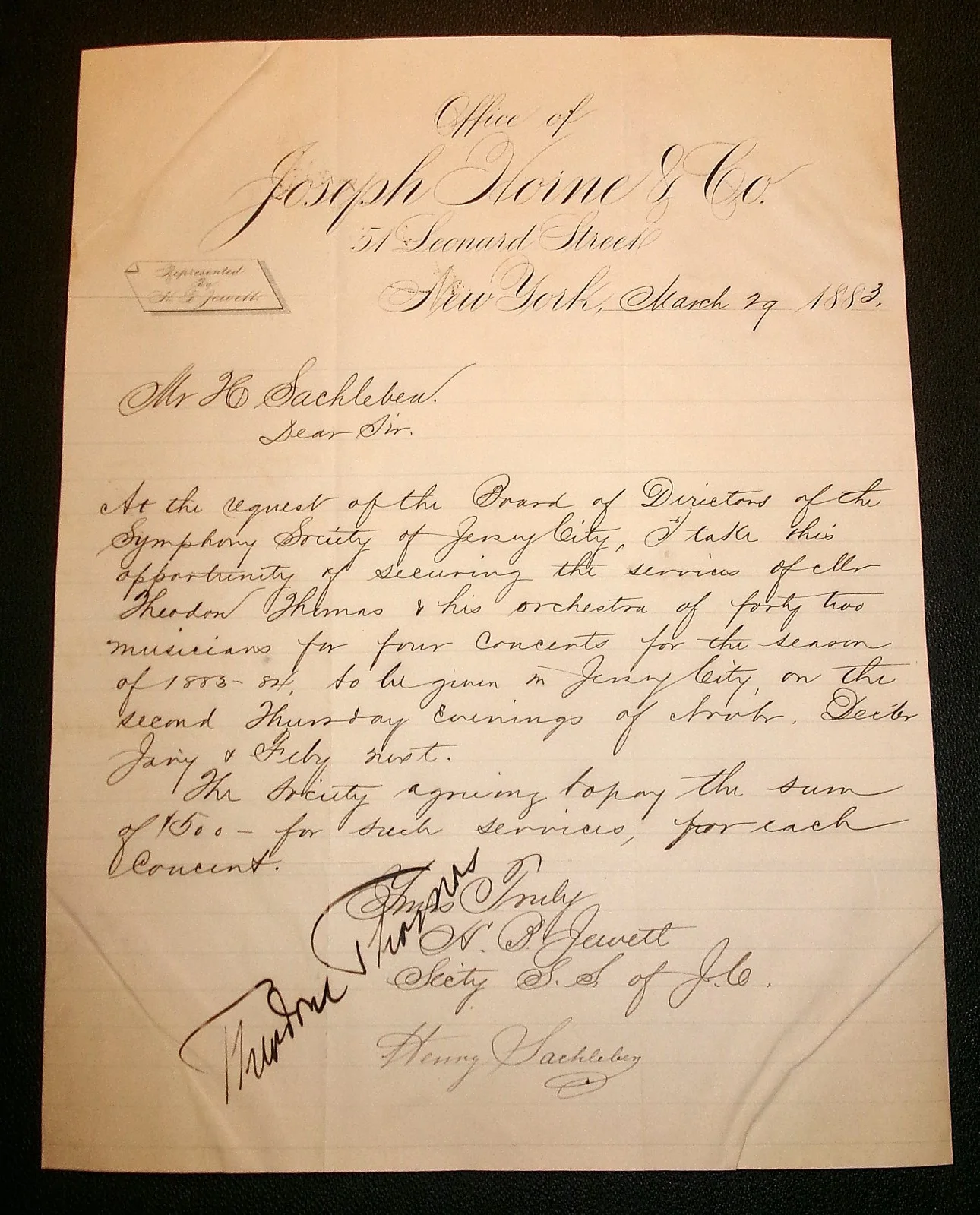 Theodore Thomas Conductor 1883 Signed Document Jersey City Symphony CONTENT RARE, image 2