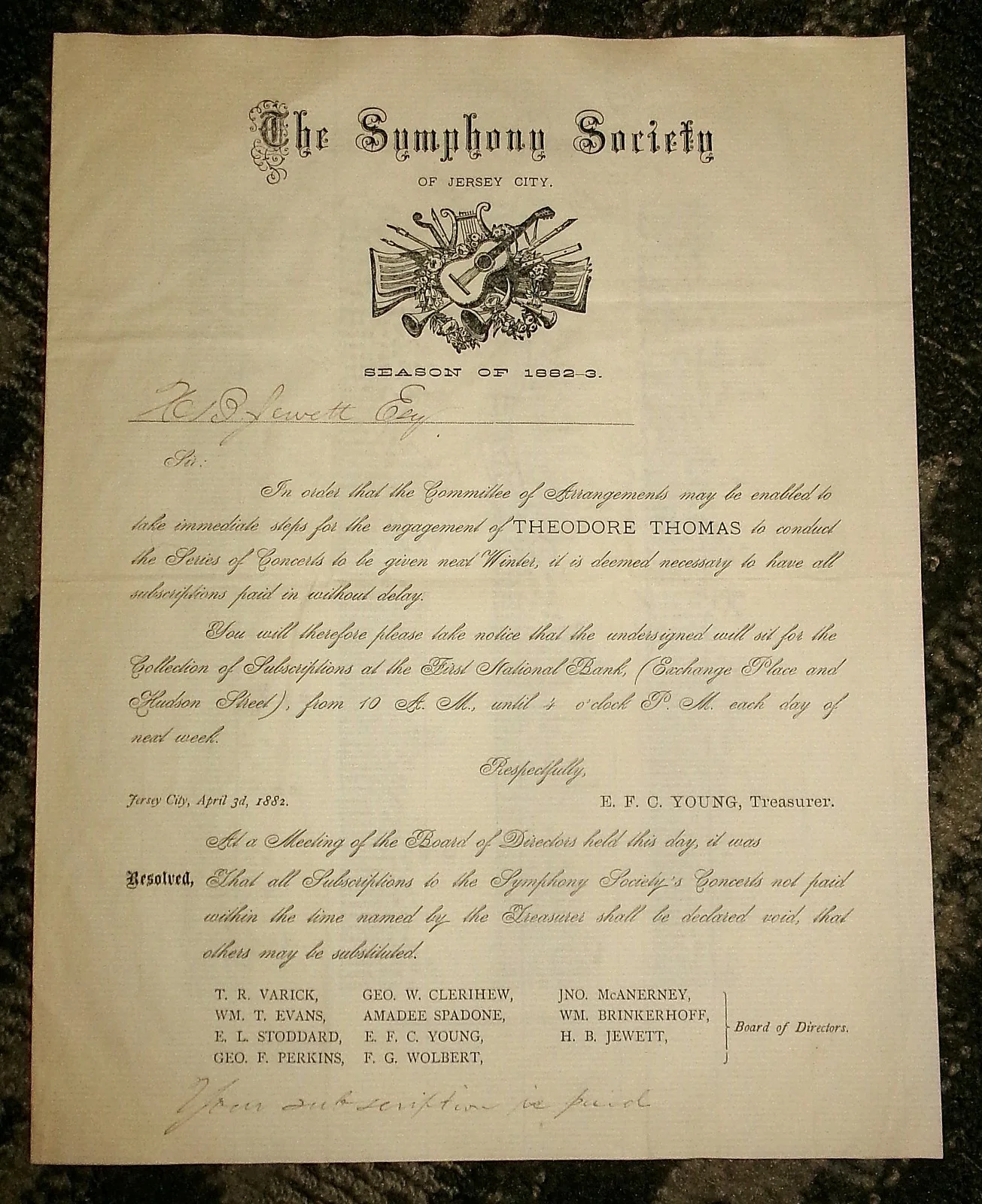 Theodore Thomas Conductor 1883 Signed Document Jersey City Symphony CONTENT RARE, image 4