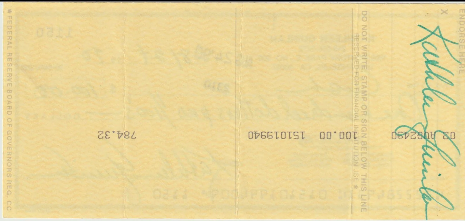 Kathleen Quinlan — Kathleen Quinlan Signed Twice Personal Check Actress 1990, image 2