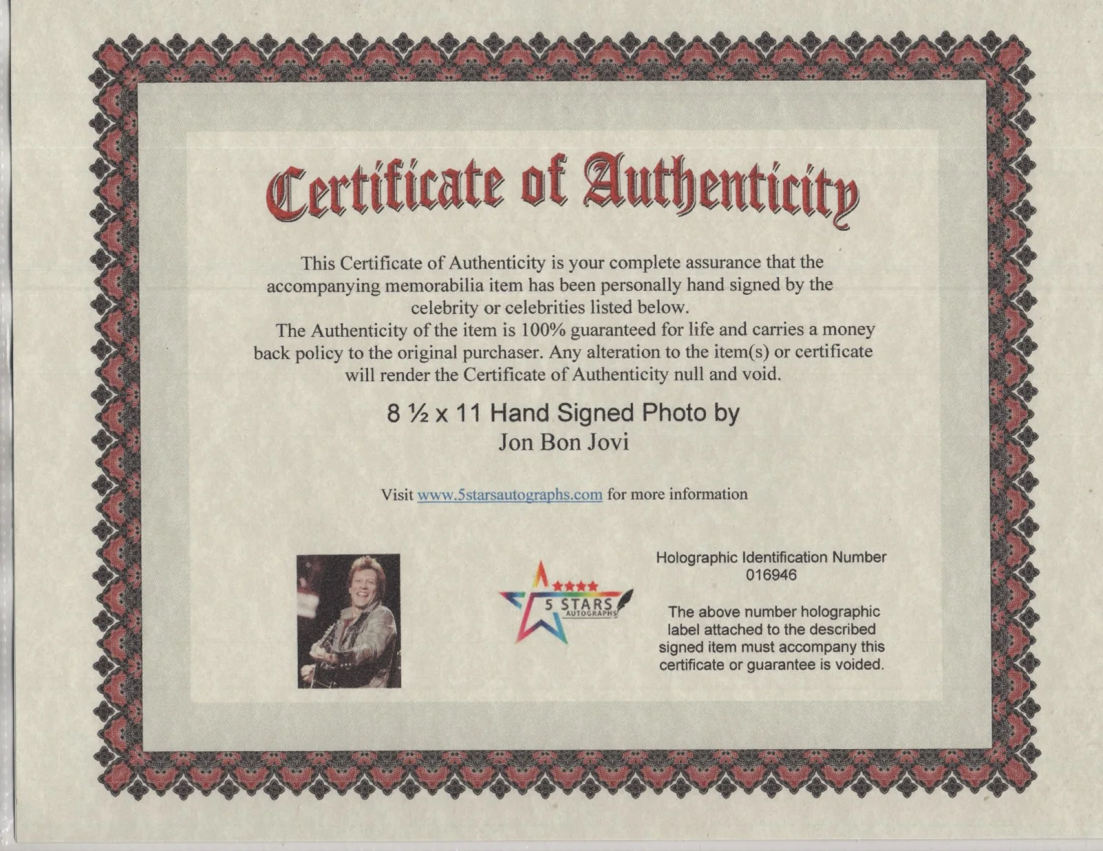 JON BON JOVI UPCLOSE AUTOGRAPHED 8 1/2 X 11 COLOR PHOTO / COA, изображение 2