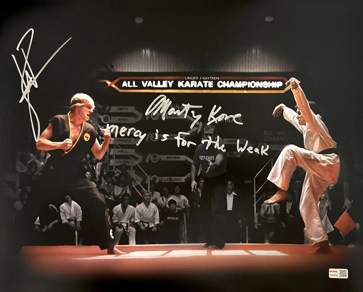 William Zabka — William Zabka, Martin Kove Signed Karate Kid 16x20 Mercy is for the Weak TRISTAR