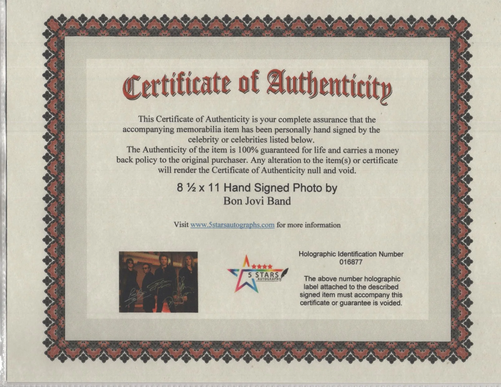 BON JOVI BAND - AUTOGRAPHED 8 1/2 X 11 COLOR PHOTO / COA, изображение 2