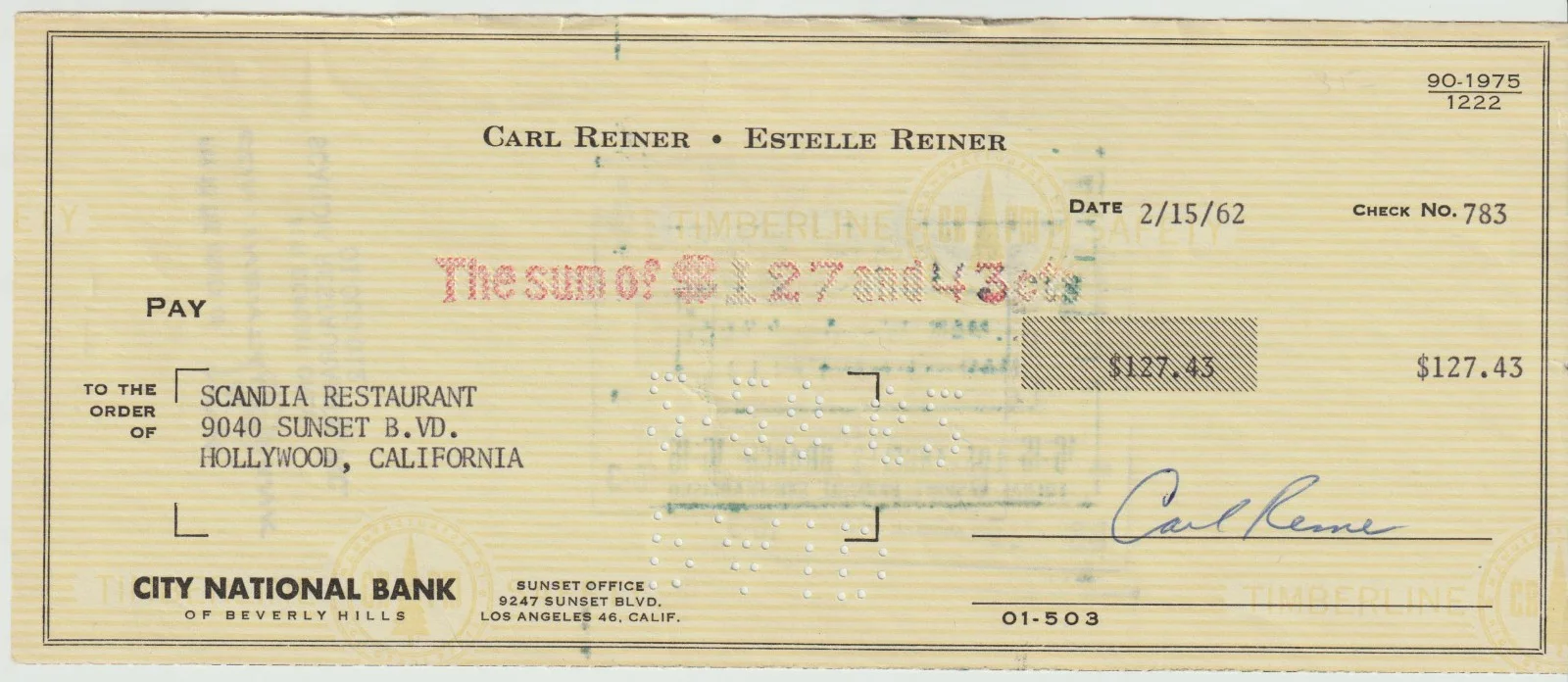 Carl Reiner — CARL REINER Signed Check 2/15/1962 - Actor, Comedian, Television Hall of Fame