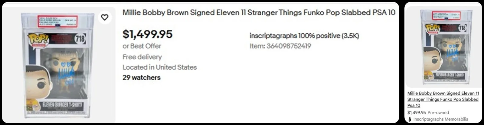 Millie Bobby Brown — Millie Bobby Brown Signed 11 Stranger Things Funko Pop 421 Slabbed PSA Authentic, изображение 2