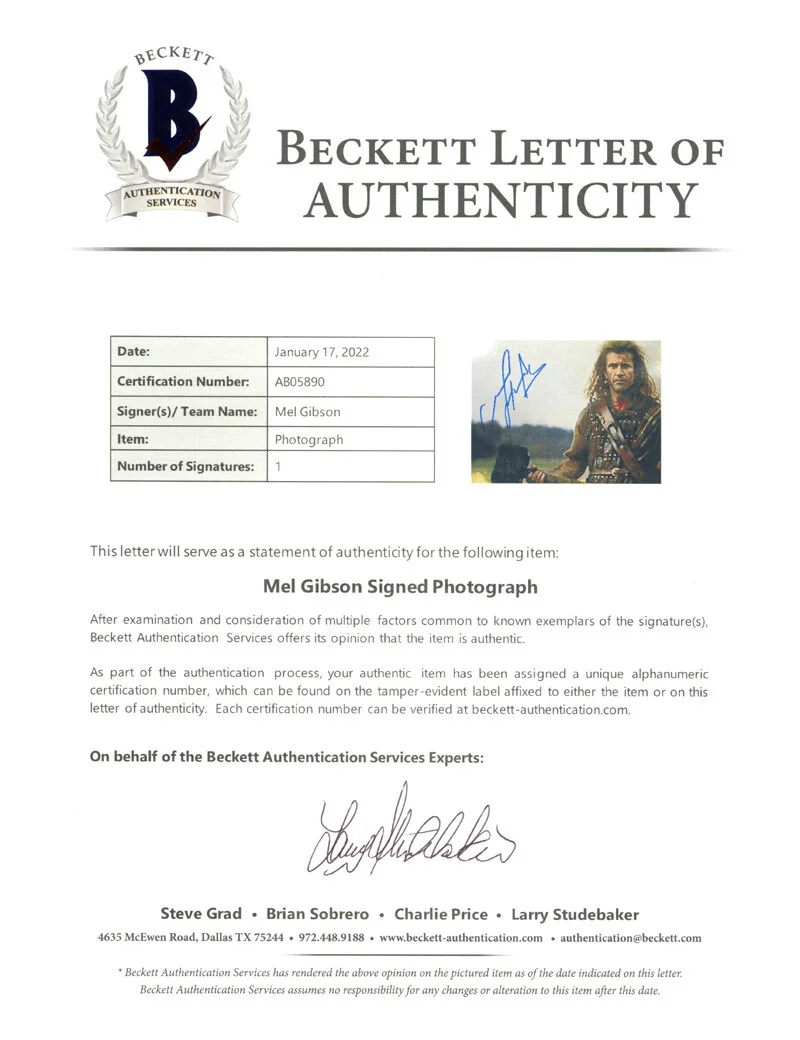 MEL GIBSON SIGNED AUTOGRAPHED 11x14 PHOTO WILLIAM WALLACE BRAVEHEART BECKETT BAS, image 3
