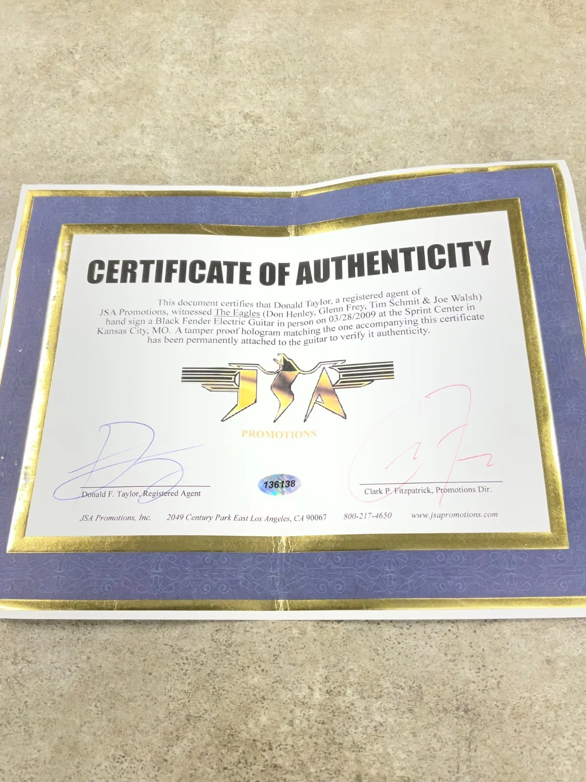 THE EAGLES AUTOGRAPHED GUITAR Eagles Signed Fender Guitar w/ C.o.a, image 5