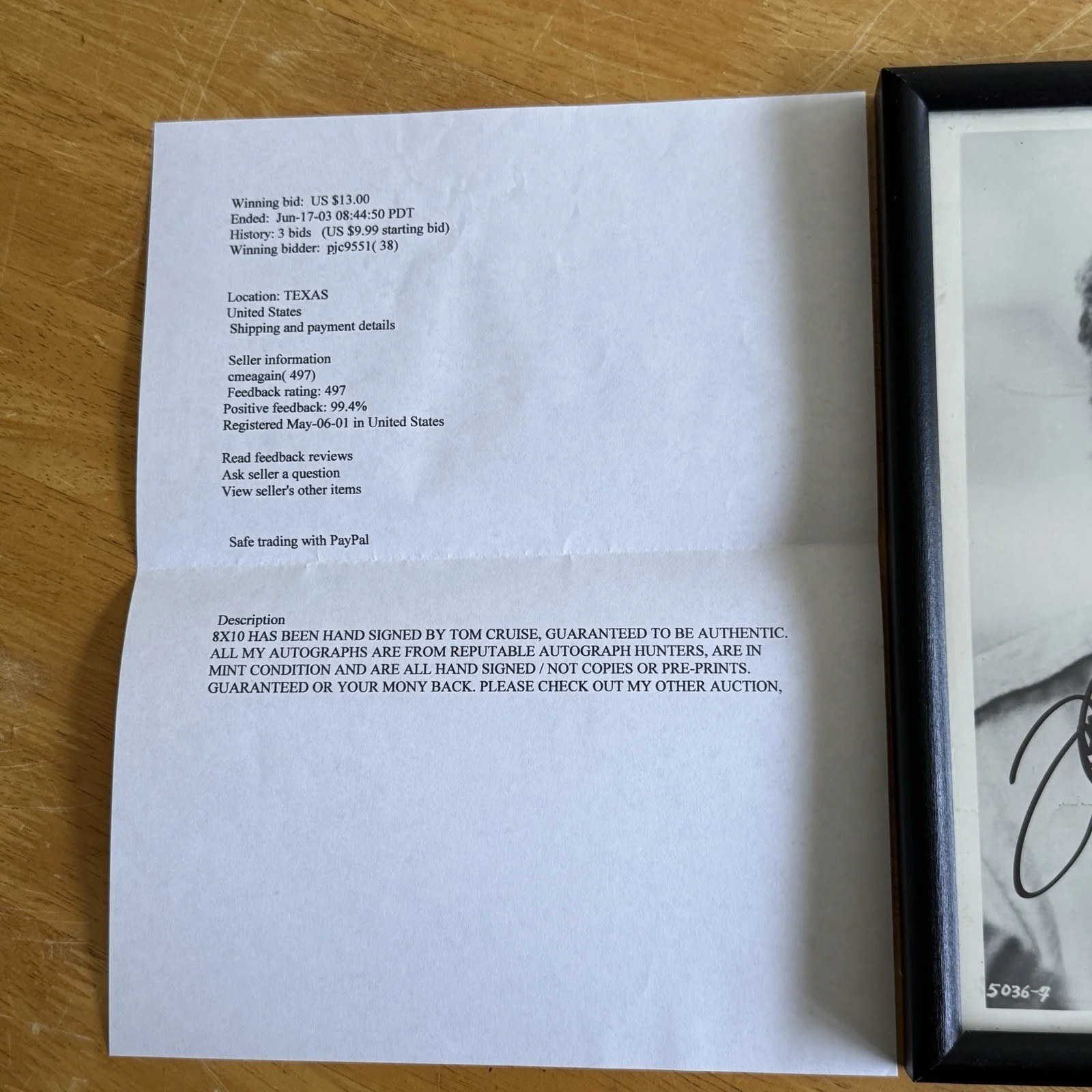 Tom Cruise — Tom Cruise Autograph Days Of Thunder 8x10 Photo With 2003 Bill Of Sale Framed, изображение 2