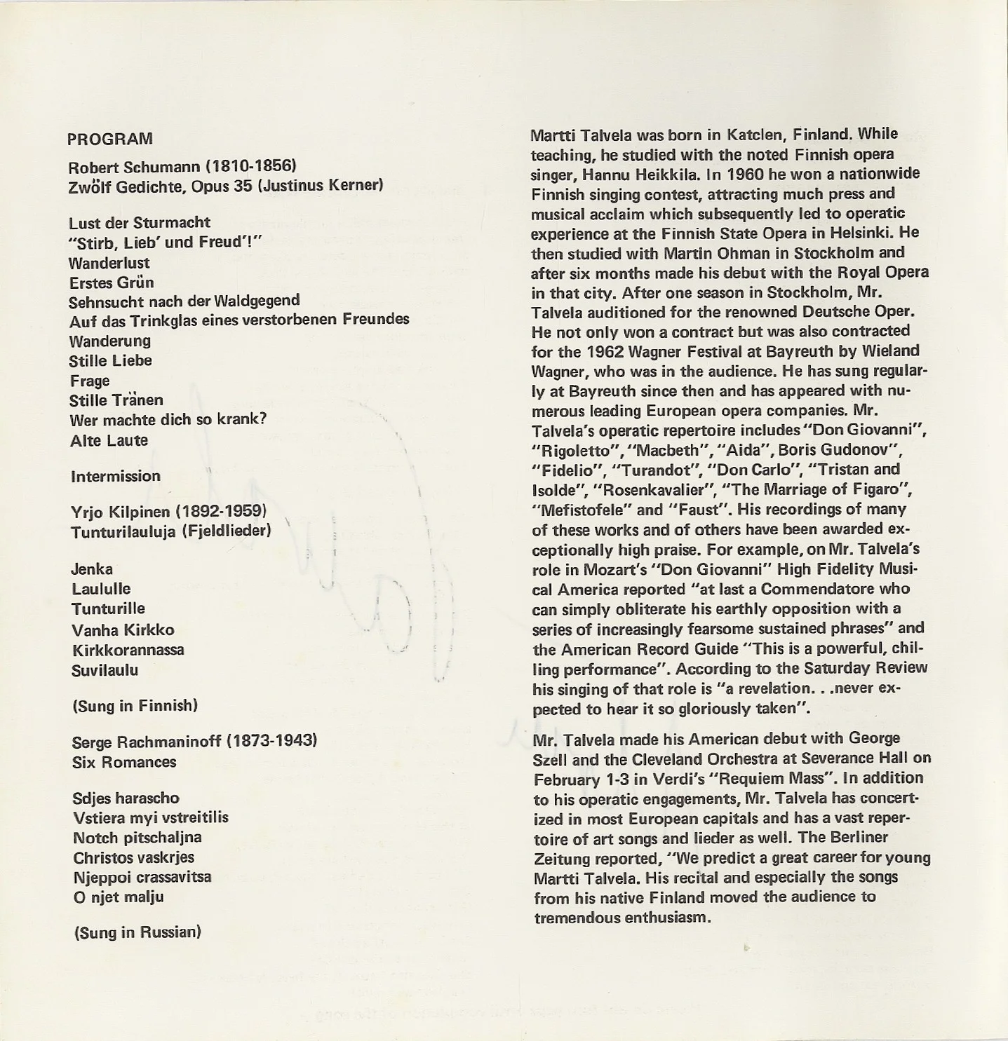 Martti Talvela Signed 1968 Hunter College Concert Program, image 3