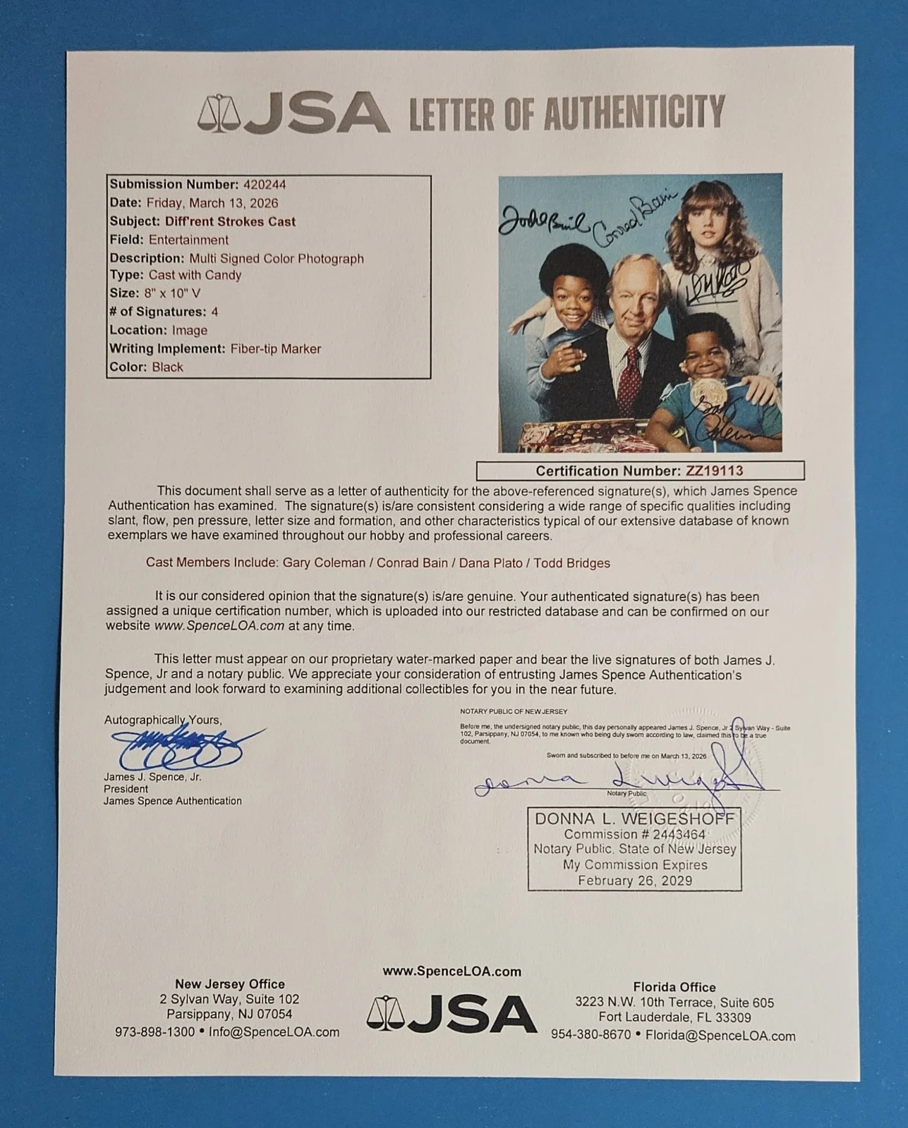 Dana Plato, Garey Colema, C. Bain, T Bridges — DIFFERENT STROKES SIGNED 8X10 CAST PHOTO G. COLEMAN DANA PLATO BRIDGES BAIN JSA, изображение 3