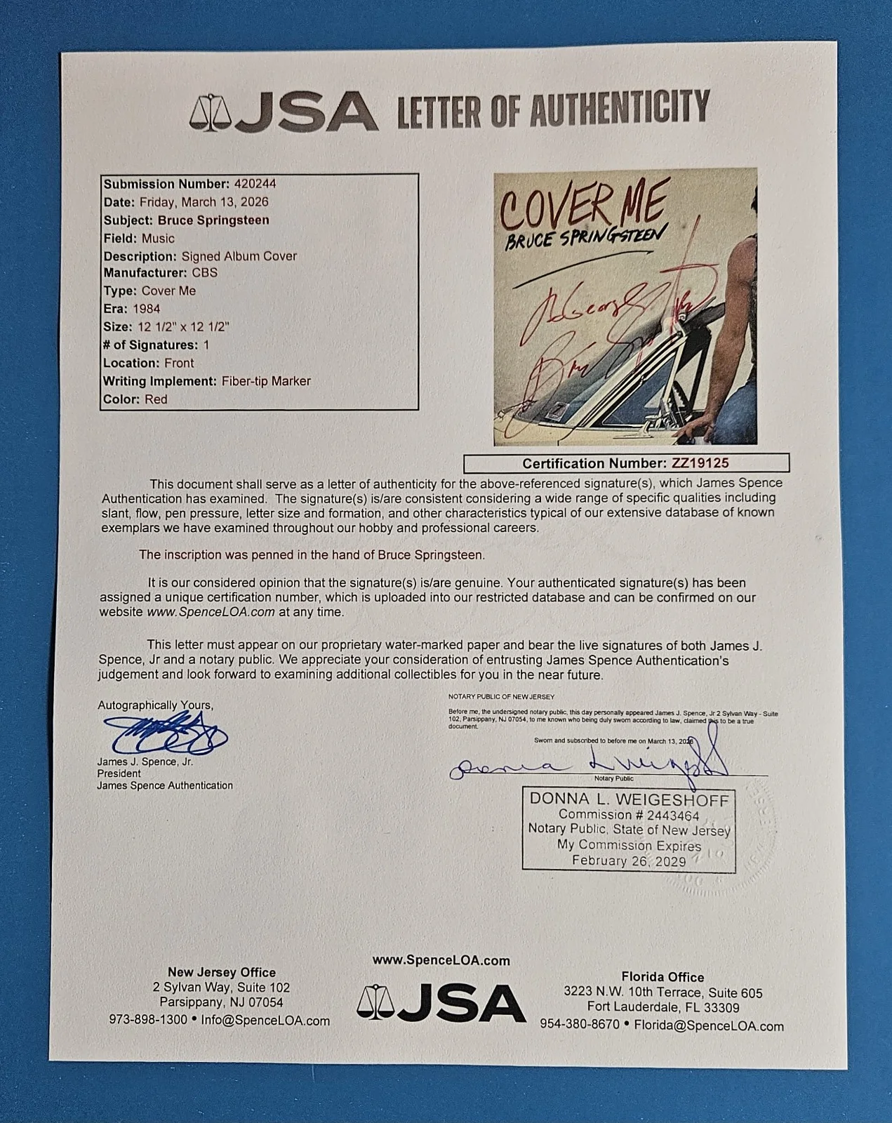 BRUCE SPRINGSTEEN SIGNED "COVER ME" 12" VINYL RECORD ALBUM COVER JSA COA psa bas, изображение 4