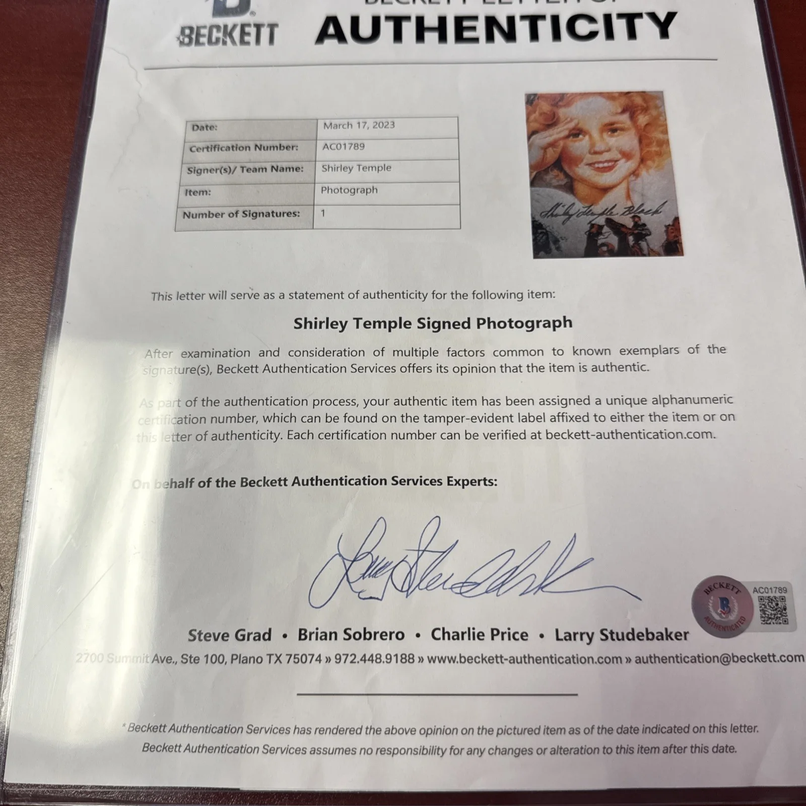 Shirley Temple Hand Signed Photo with COA, image 4