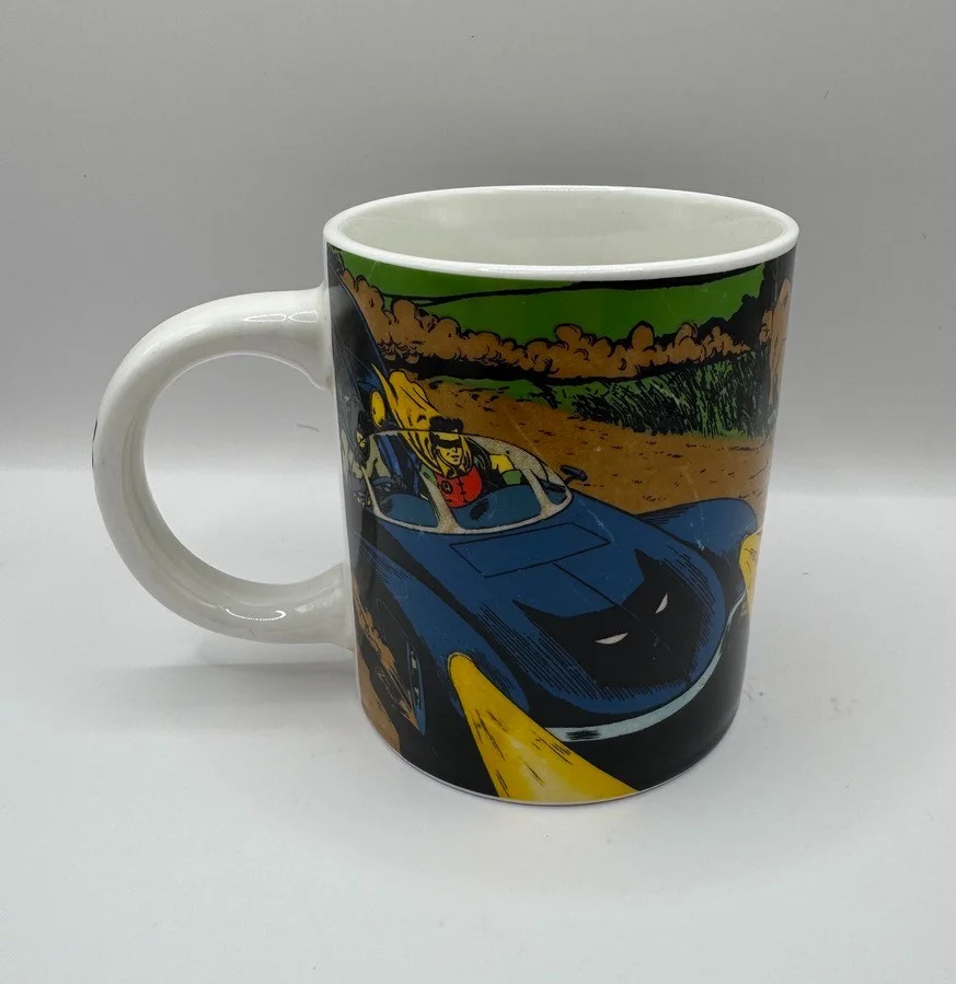 Batman and Robin Batmobile Ceramic Coffee Mug Blue Retro Comic Style Tea Cup, image 3