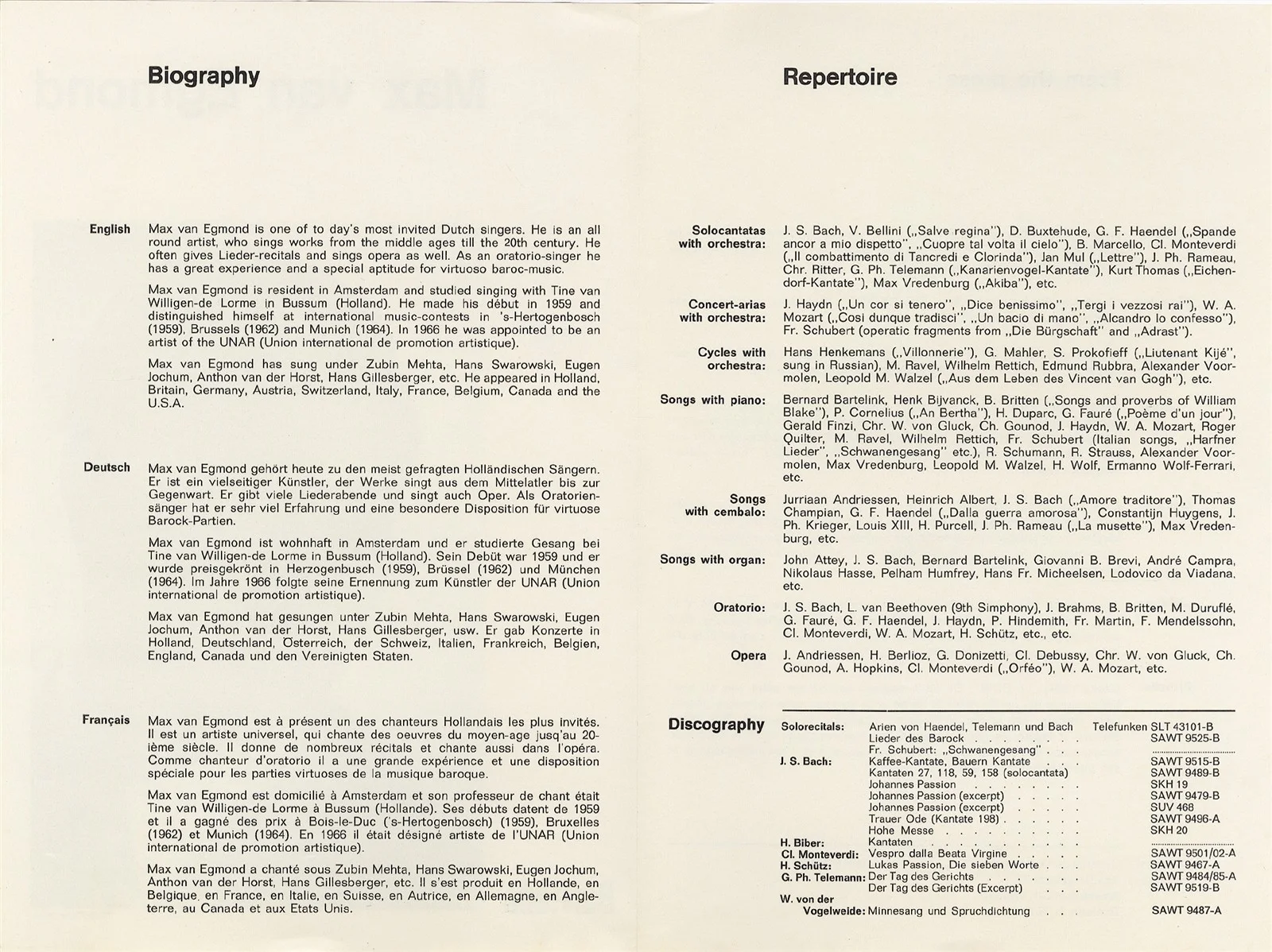 Max Van Egmond Signed 1969 Carnegie Recital Hall Program And Biography, image 3