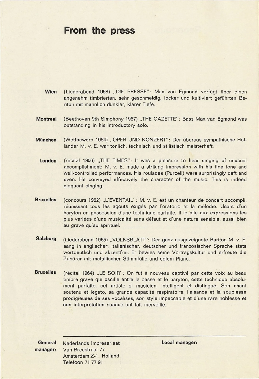Max Van Egmond Signed 1969 Carnegie Recital Hall Program And Biography, image 4