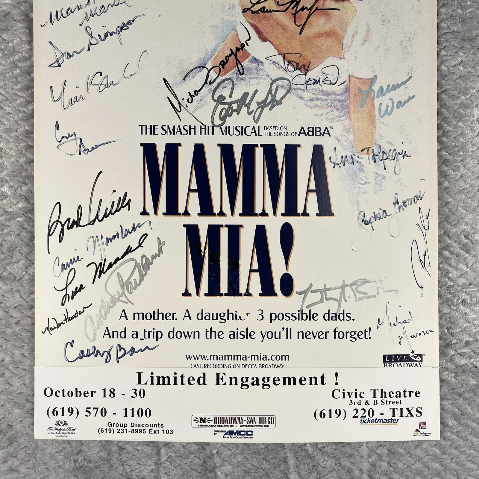 Mamma Mia Signed Autographed 14x22 Window Card Broadway 2005 Cast San Diego, image 3