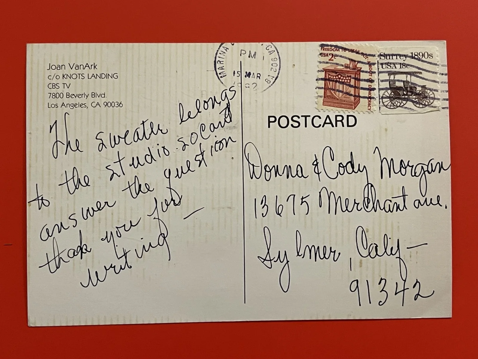 JOAN VANARK — AUTOGRAPH JOAN VANARK KNOTTS LANDING SIGNED POSTCARD, image 3
