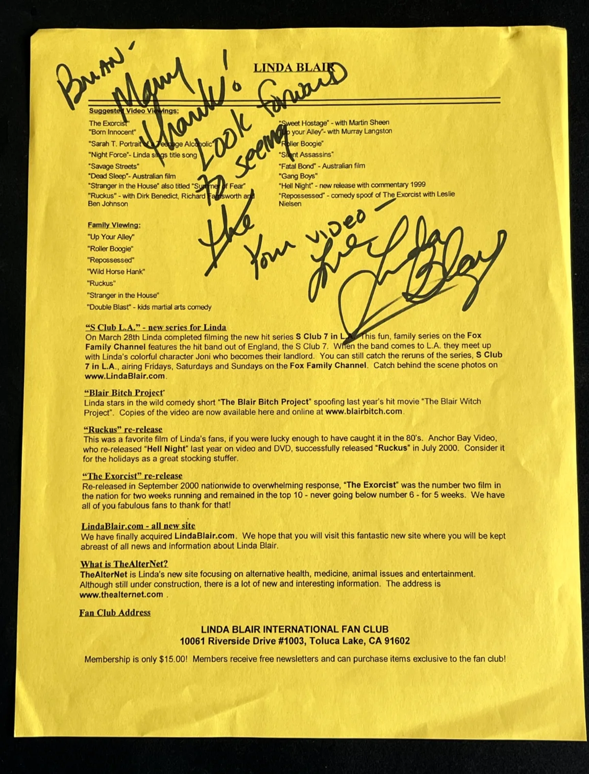 LINDA BLAIR — THE EXOCIST LINDA BLAIR SIGNED RESUME FAN CLUB