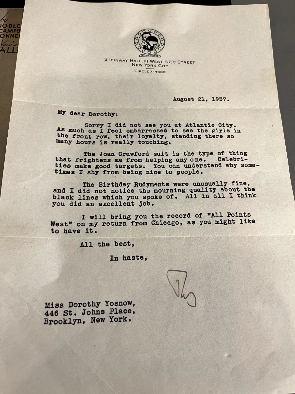 RUDY VALLEE SIGNED LETTER AND SHEET MUSIC, image 2