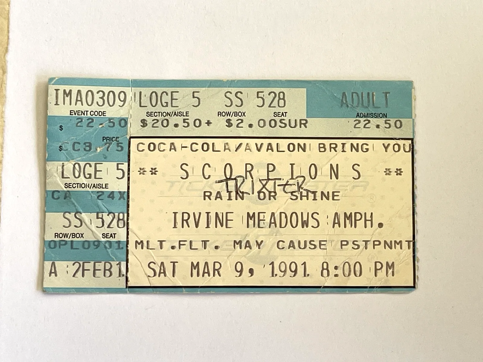 TRIXTER SCORPIONS CONCERT TICKET SIGNED STEVE BROWN, image 2