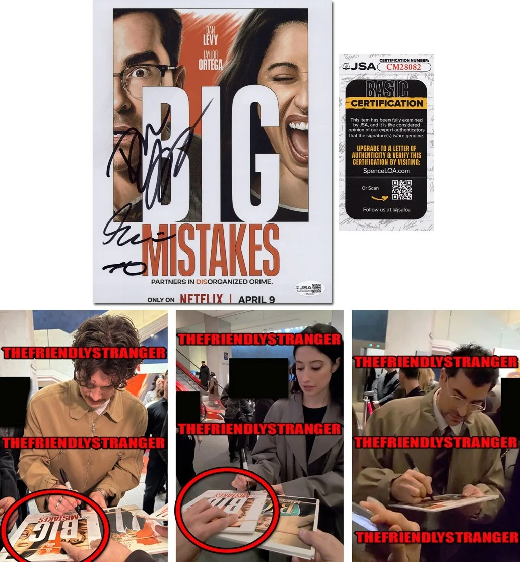 Dan Levy, Taylor Ortega, Jack Innanen — Dan Levy, Taylor Ortega, Jack Innanen signed BIG MISTAKES 8x10 Photo PROOF d JSA
