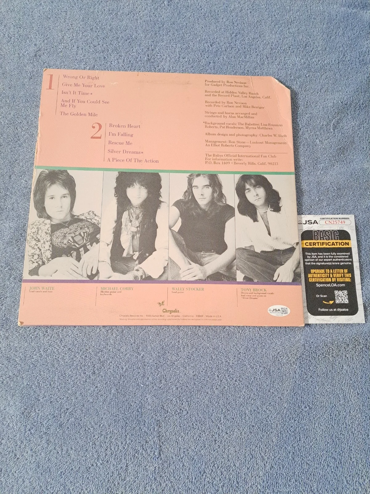 JOHN WAITE SIGNED THE BABYS "BROKEN HEART" LP VINYL JSA COA, image 3