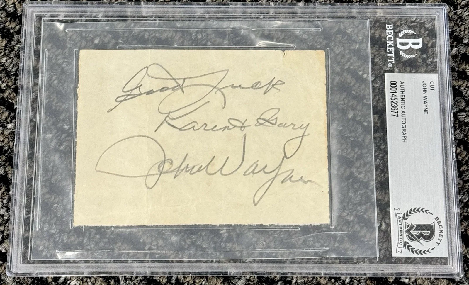 John Wayne — John Wayne Signed Autograph Vintage 4x3 Cut Signature Beckett BAS Encapsulated