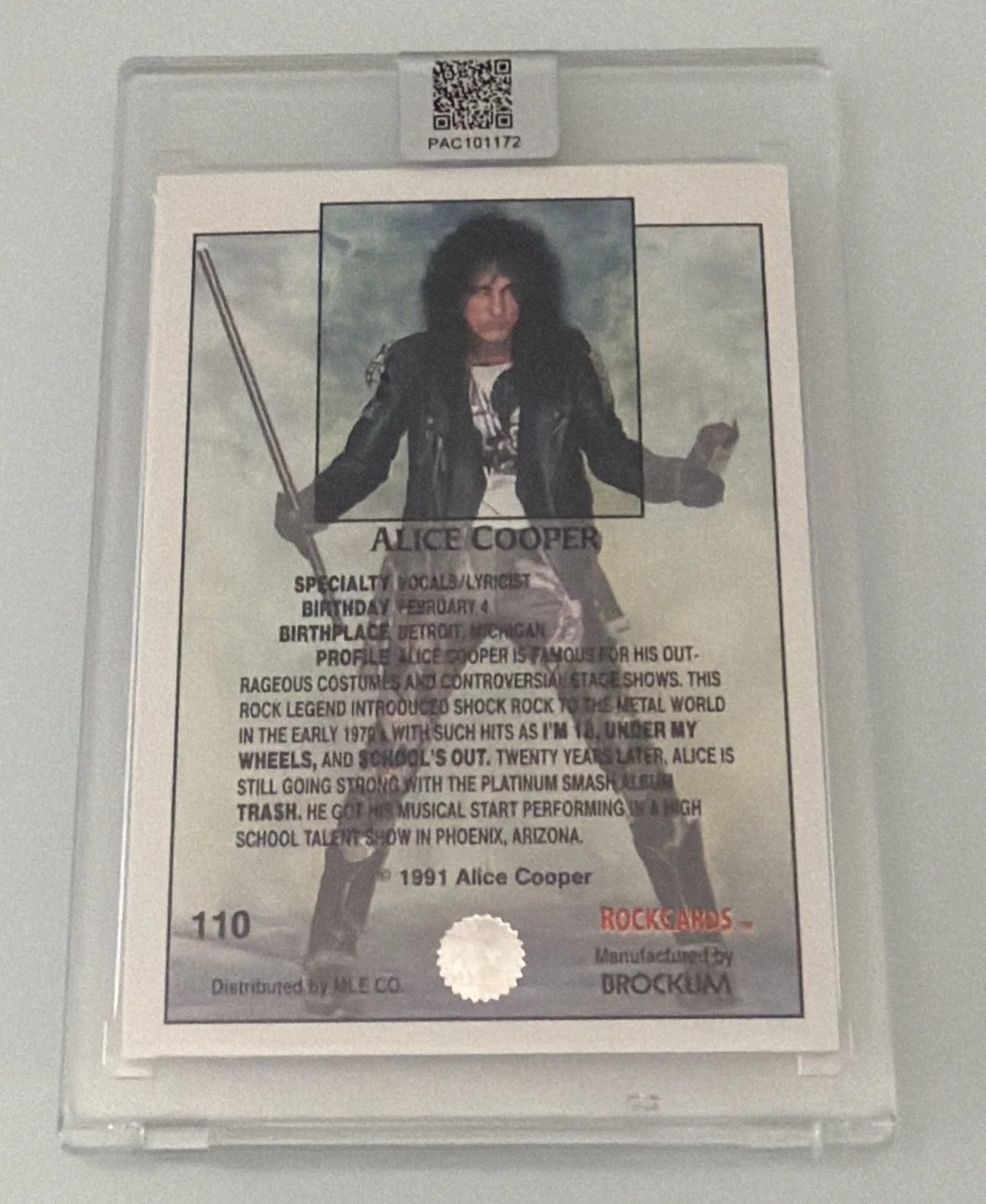 1991 Rock Cards by Brockum 110 Alice Cooper Auto Pristine COA Double Sealed, image 2