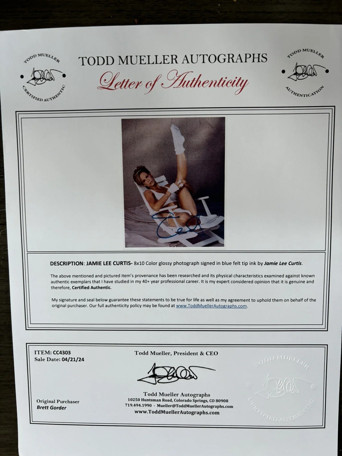 Jamie Lee Curtis Signed Autograph Photo 8x10 Authentic Letter Of Authenticity Ex, изображение 2