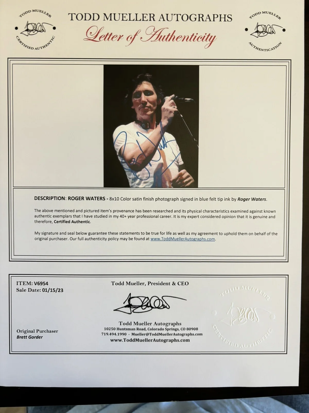 Roger Waters Pink Floyd Autograph Signed 8x10 Photo Letter Of Authenticity COA, image 2