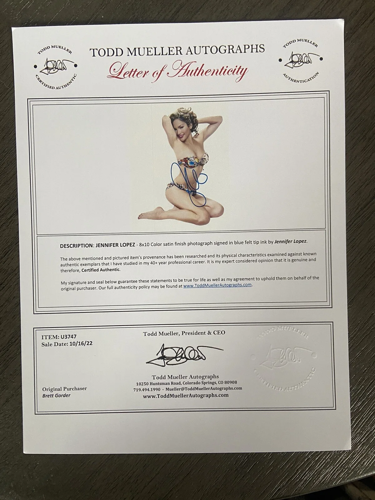 Jennifer Lopez JLO Signed Autograph 8x10 Photo Authentic Letter Of Authenticity, image 2