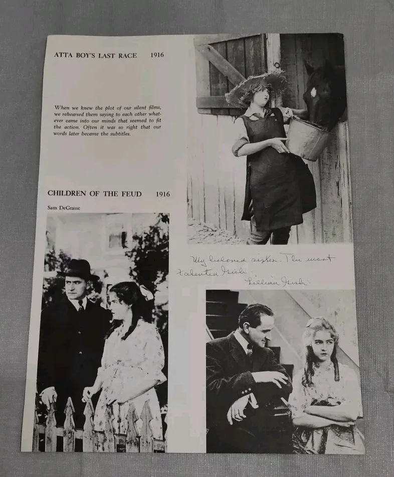 Lillian Gish — SILENT FILM ACTRESS LILLIAN GISH 2X AUTOGRAPH Book Page About Sister Movies Vtg