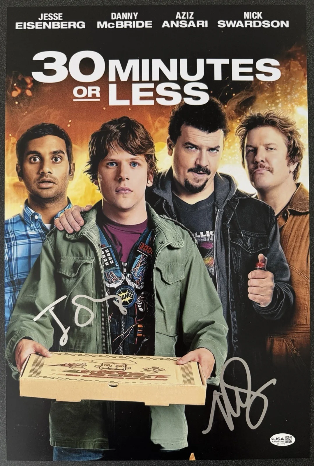 JESSE EISENBERG & NICK SWARDSON SIGNED ‘30 MINUTES OR LESS’ 12X18 POSTER JSA COA, изображение 2
