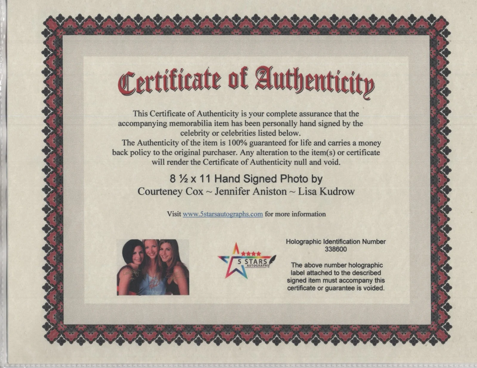 FRIENDS TV SHOW FEMALE CAST AUTOGRAPHED 8 1/2 X 11 PHOTO / COA, изображение 2