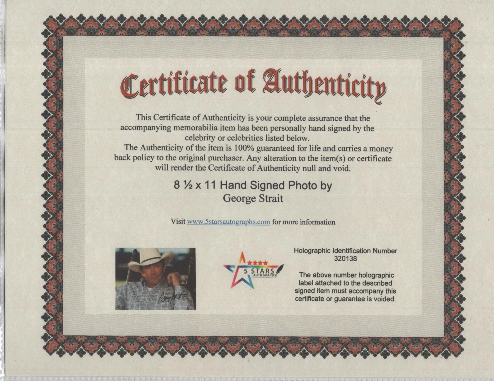 GEORGE STRAIT AUTOGRAPHED 8 1/2 X 11 COLOR PHOTO / COA, изображение 2
