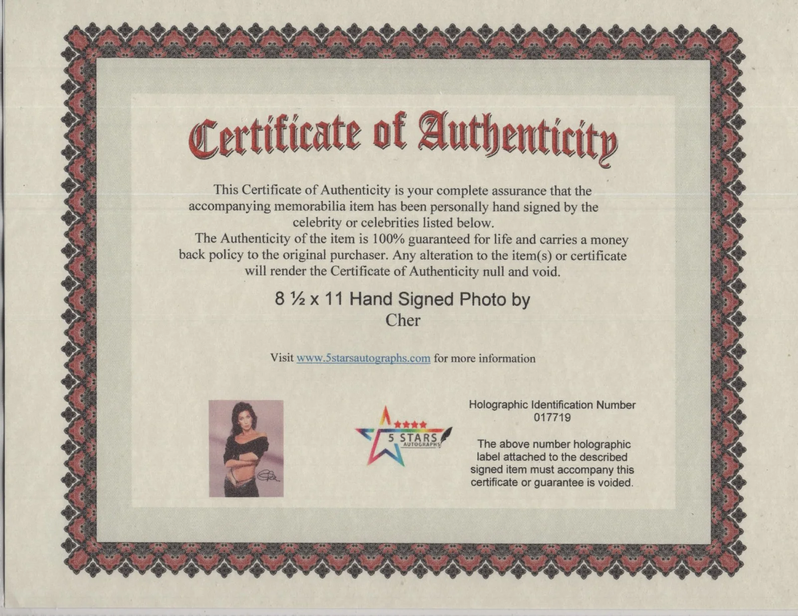 CHER AUTOGRAPHED 8 1/2 X 11 SEXY PHOTO / COA, изображение 2