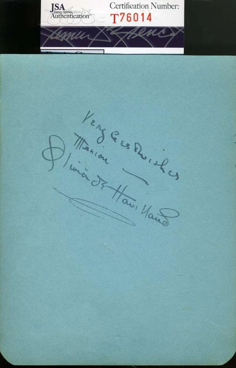 OLIVIA DE HAVILLAND — Olivia De Havilland 1940`s Hand Signed Jsa Coa Album Page Autographed Authentic