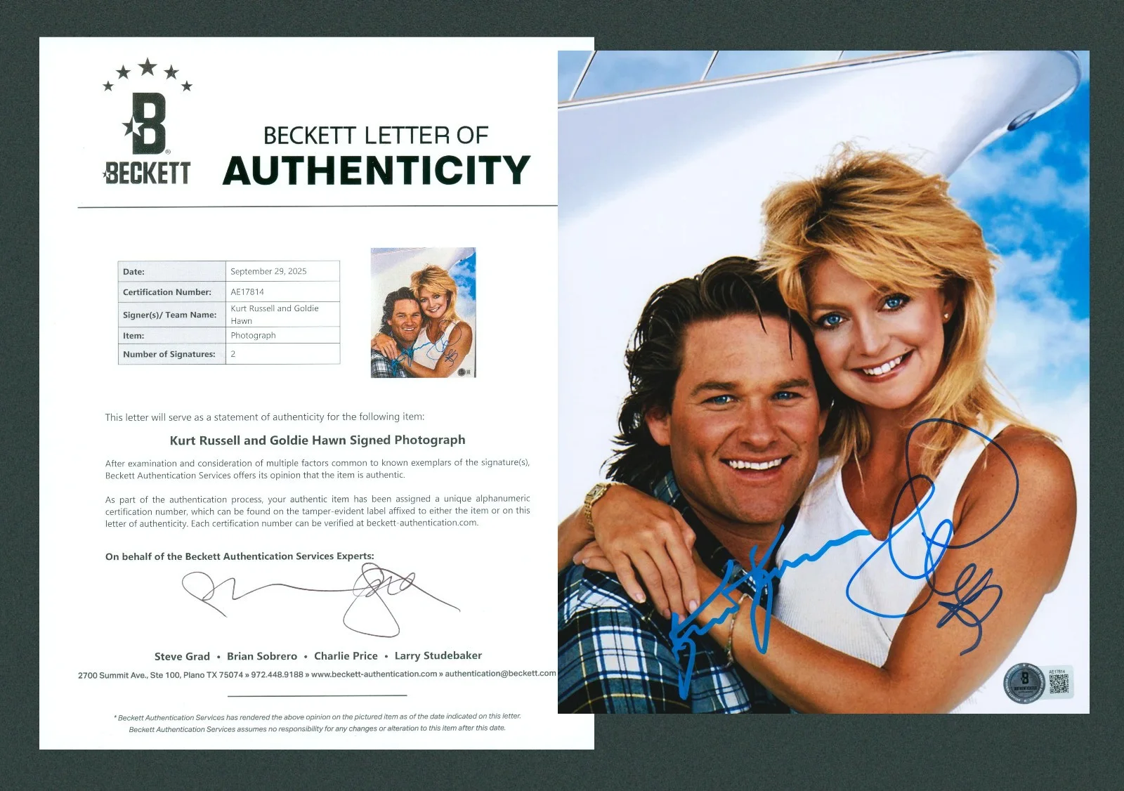 Kurt Russell & Goldie Hawn — Kurt Russell & Goldie Hawn Signed BAS LOA Autographed 8X10 Overboard Photo COA