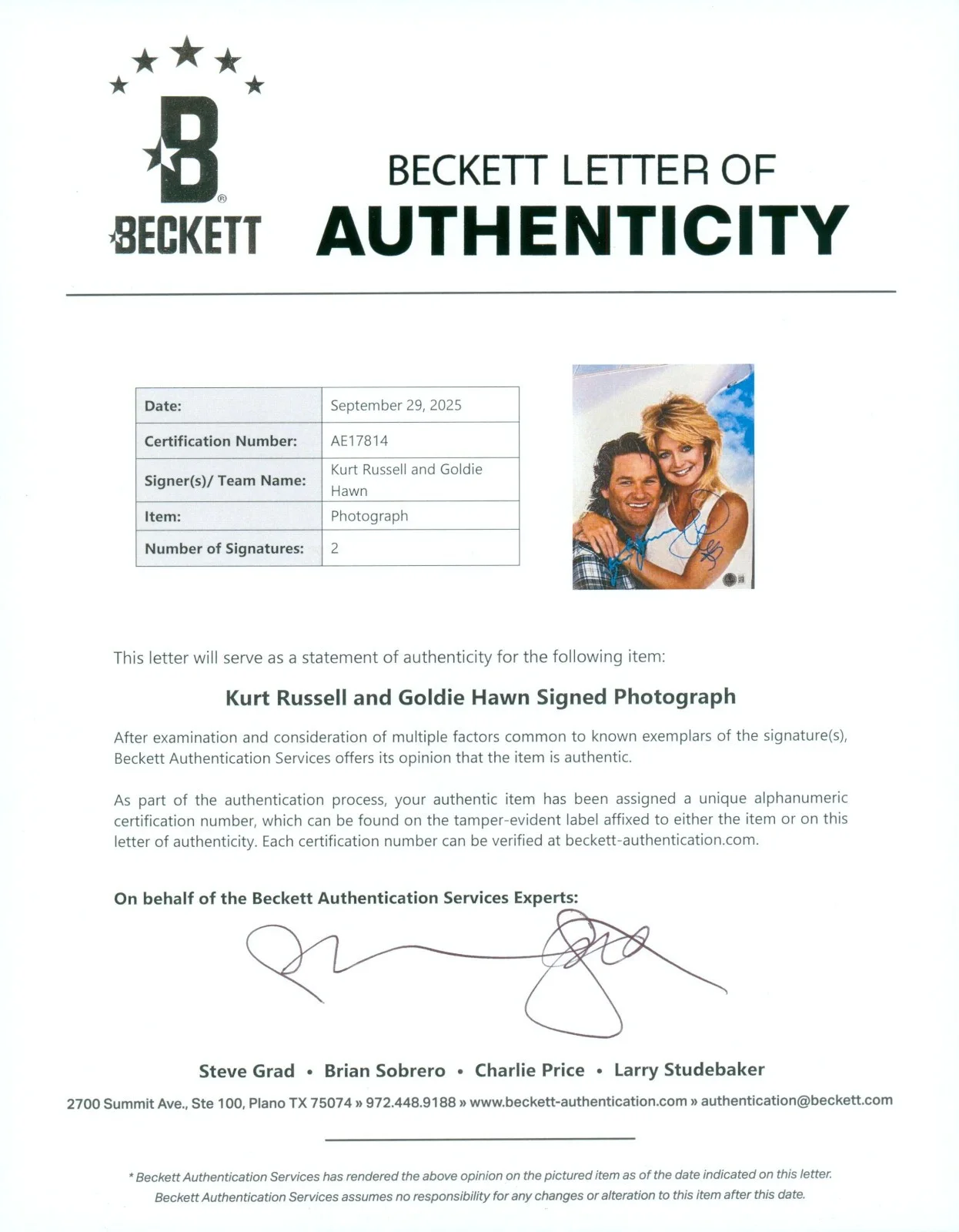 Kurt Russell, Goldie Hawn — Kurt Russell & Goldie Hawn Signed BAS LOA Autographed 8X10 Overboard Photo COA, изображение 3
