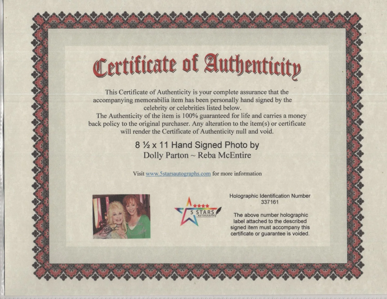 DOLLY PARTON - REBA McENTIRE HAND SIGNED 8 1/2 X 11 COLOR PHOTO / COA, изображение 2