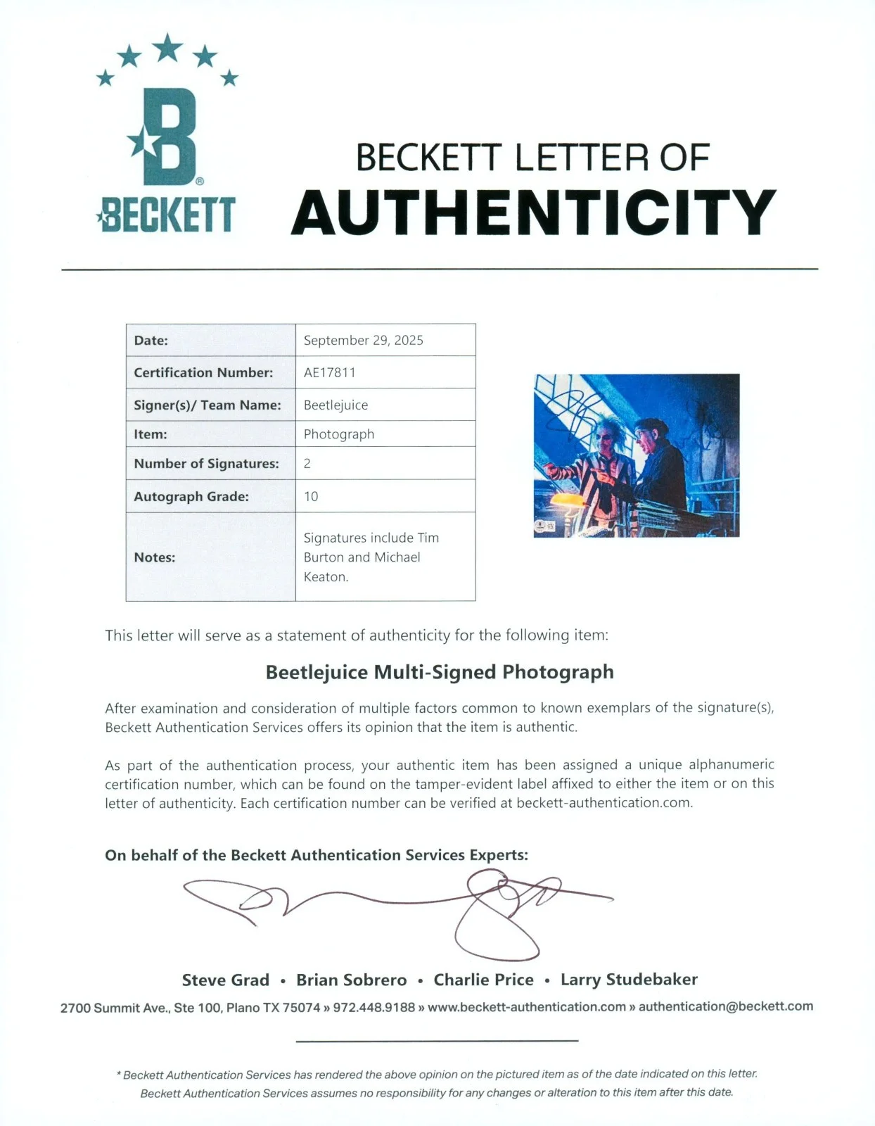 Michael Keaton, Tim Burton — Michael Keaton Tim Burton Signed BAS LOA Autographed 8X10 Beetlejuice Photo COA, image 3